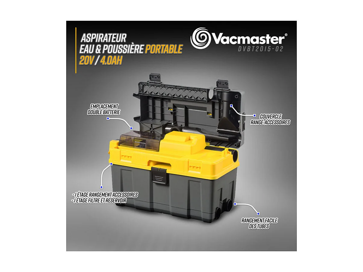 Aspirateur eau et poussières rechargeable 20V avec fonction soufflerie - Vacmaster Professional