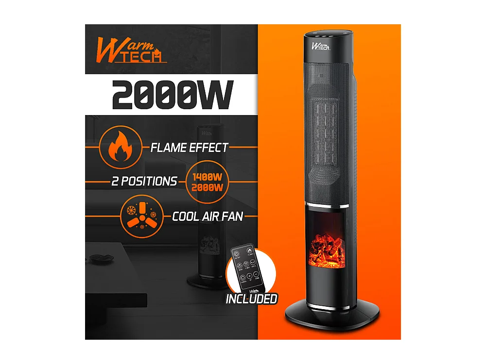 Radiateur céramique oscillant 2000 W avec effet flamme - Noir
