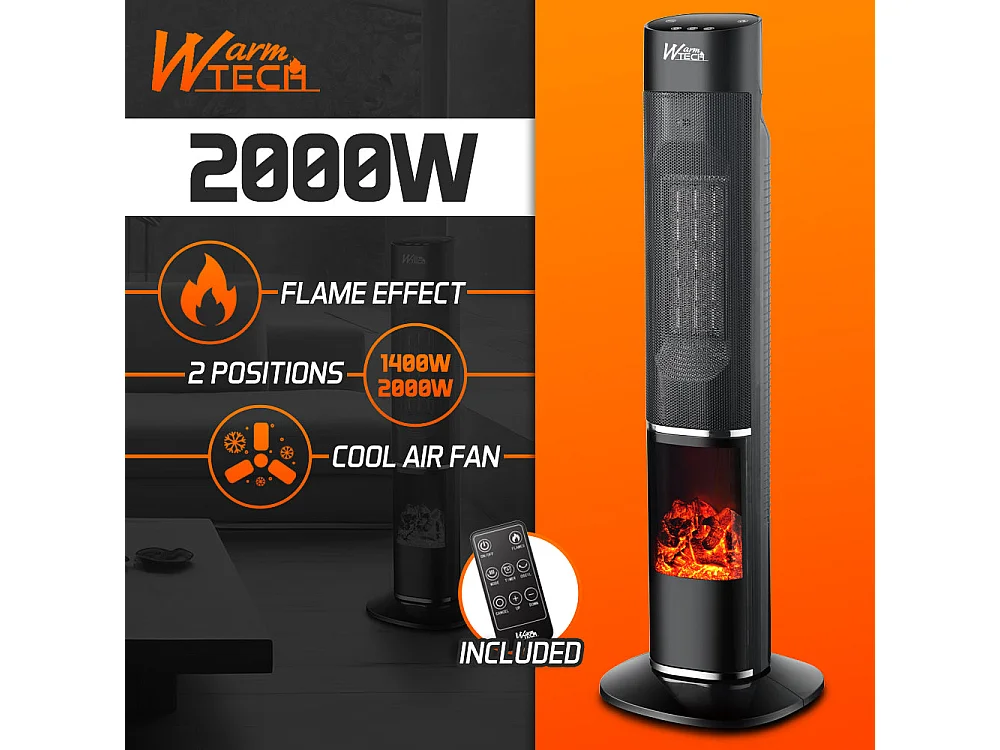 Radiateur céramique oscillant 2000 W avec effet flamme - Noir