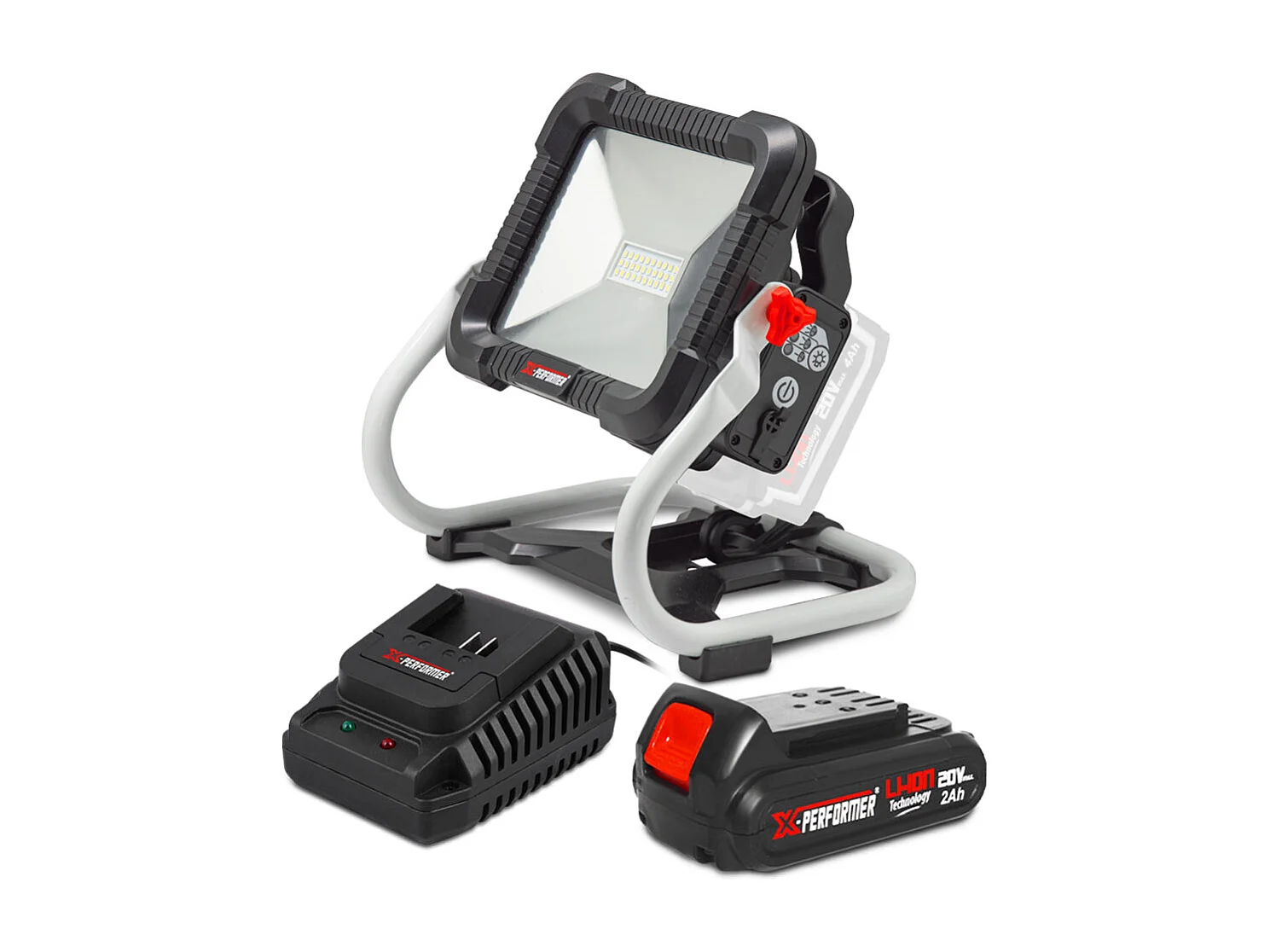 Projecteur LED de chantier 20V X-Performer avec batterie 2Ah et chargeur rapide 1H