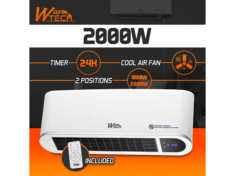 Keramische wandradiator 2000 W met afstandsbediening en timer - Wit