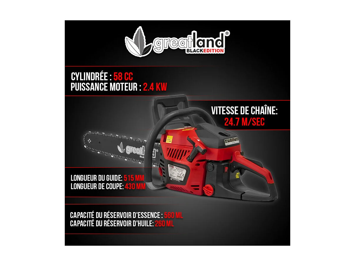 Tronçonneuse Thermique Greatland Black Edition - 58 CC, Guide 51,5 cm