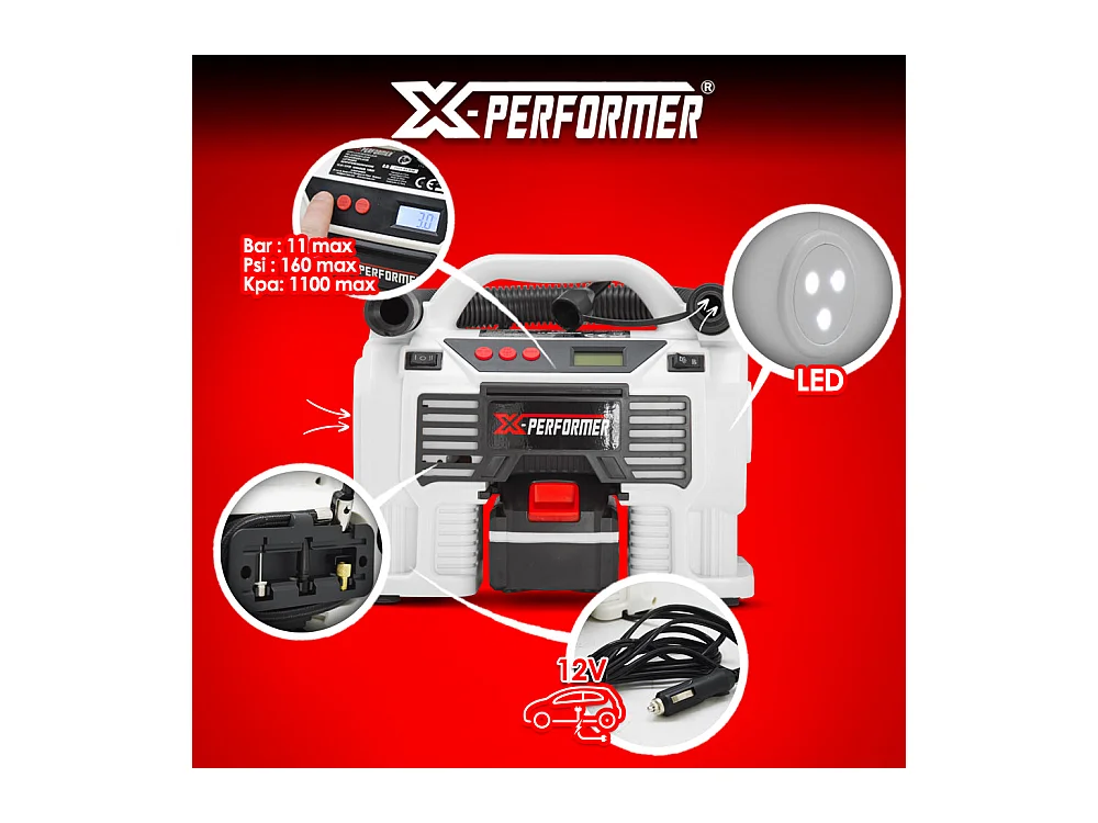 Compresseur rechargeable X-Performer 20V – 11 bars – Écran digital – LED – Avec batterie 4Ah et chargeur rapide 2H