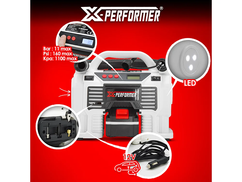 Compresseur rechargeable X-Performer 20V – 11 bars – Écran digital – LED – Avec batterie 4Ah et chargeur rapide 2H