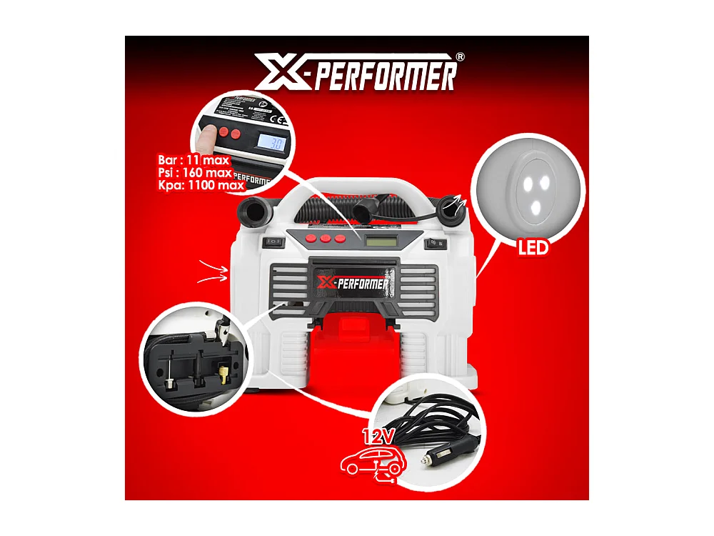 Compresseur rechargeable X-Performer 20V, 11 bars avec écran digital, LED, batterie 2Ah et chargeur rapide