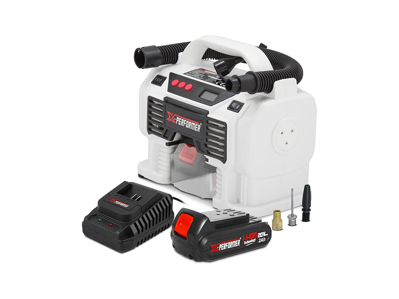 Herlaadbare compressor X-Performer 20V, 11 bar met digitaal scherm, LED, 2Ah batterij en snellader