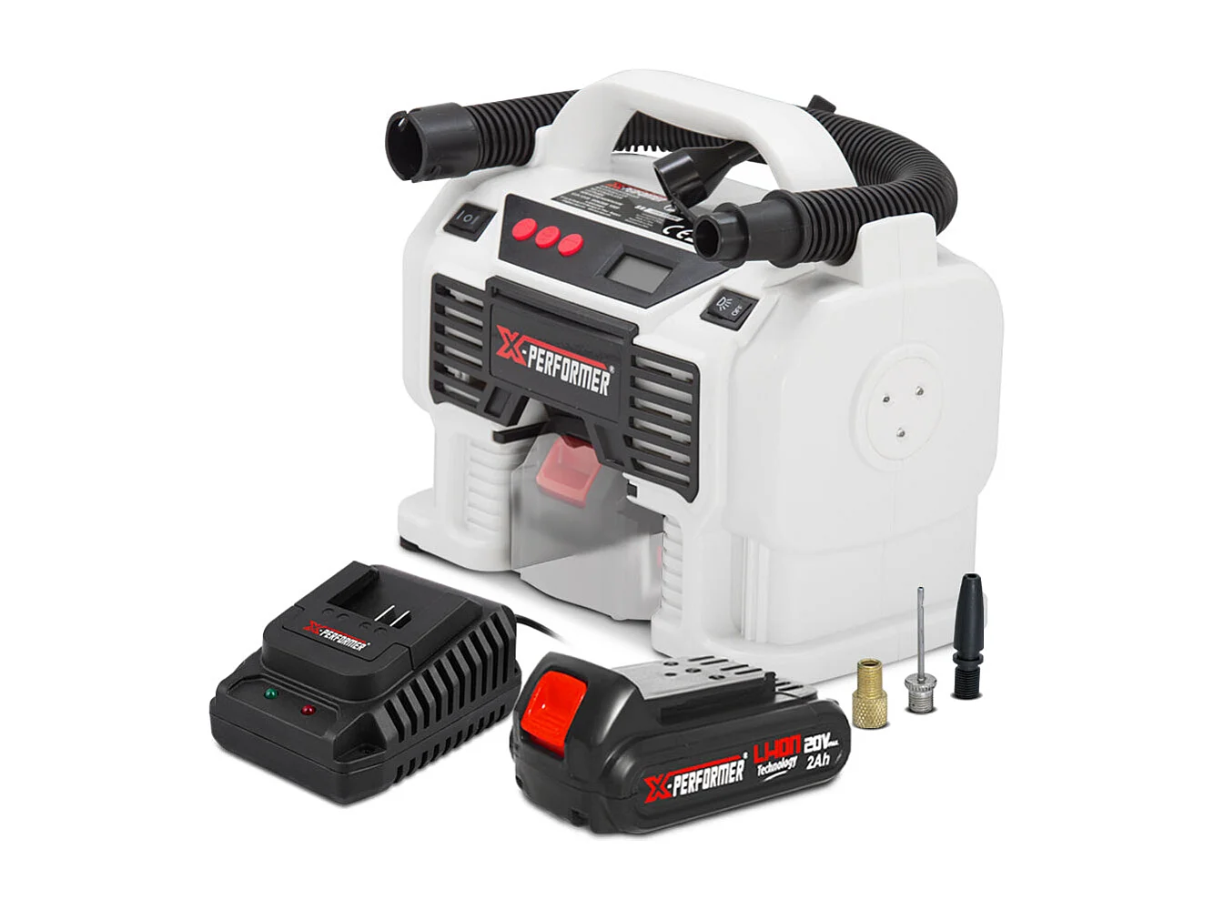 Herlaadbare compressor X-Performer 20V, 11 bar met digitaal scherm, LED, 2Ah batterij en snellader