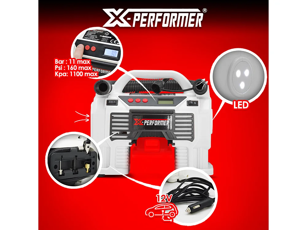 Herlaadbare compressor X-Performer 20V, 11 bar met digitaal scherm, LED, 2Ah batterij en snellader