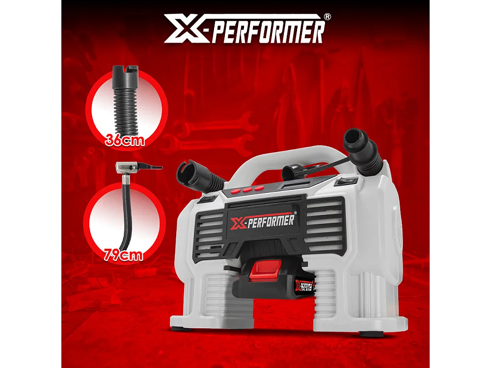 Herlaadbare compressor X-Performer 20V, 11 bar met digitaal scherm, LED, 2Ah batterij en snellader