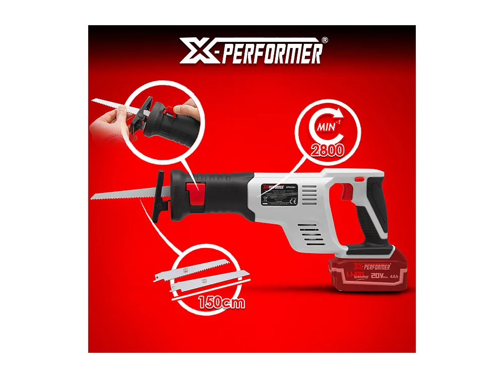 Scie sabre sans fil X-Performer 20V avec batterie 4Ah et chargeur rapide 2H