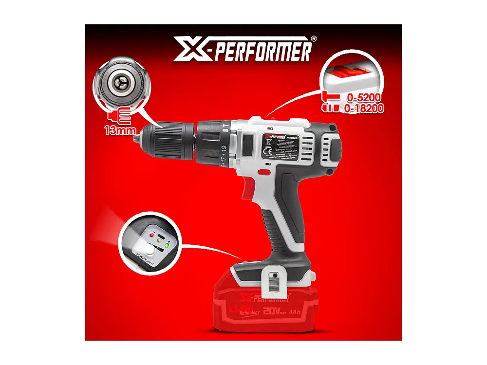 Perceuse-boorschroevendraaier 20V - 13 mm - met 4Ah batterij en 2H snellader - X-Performer