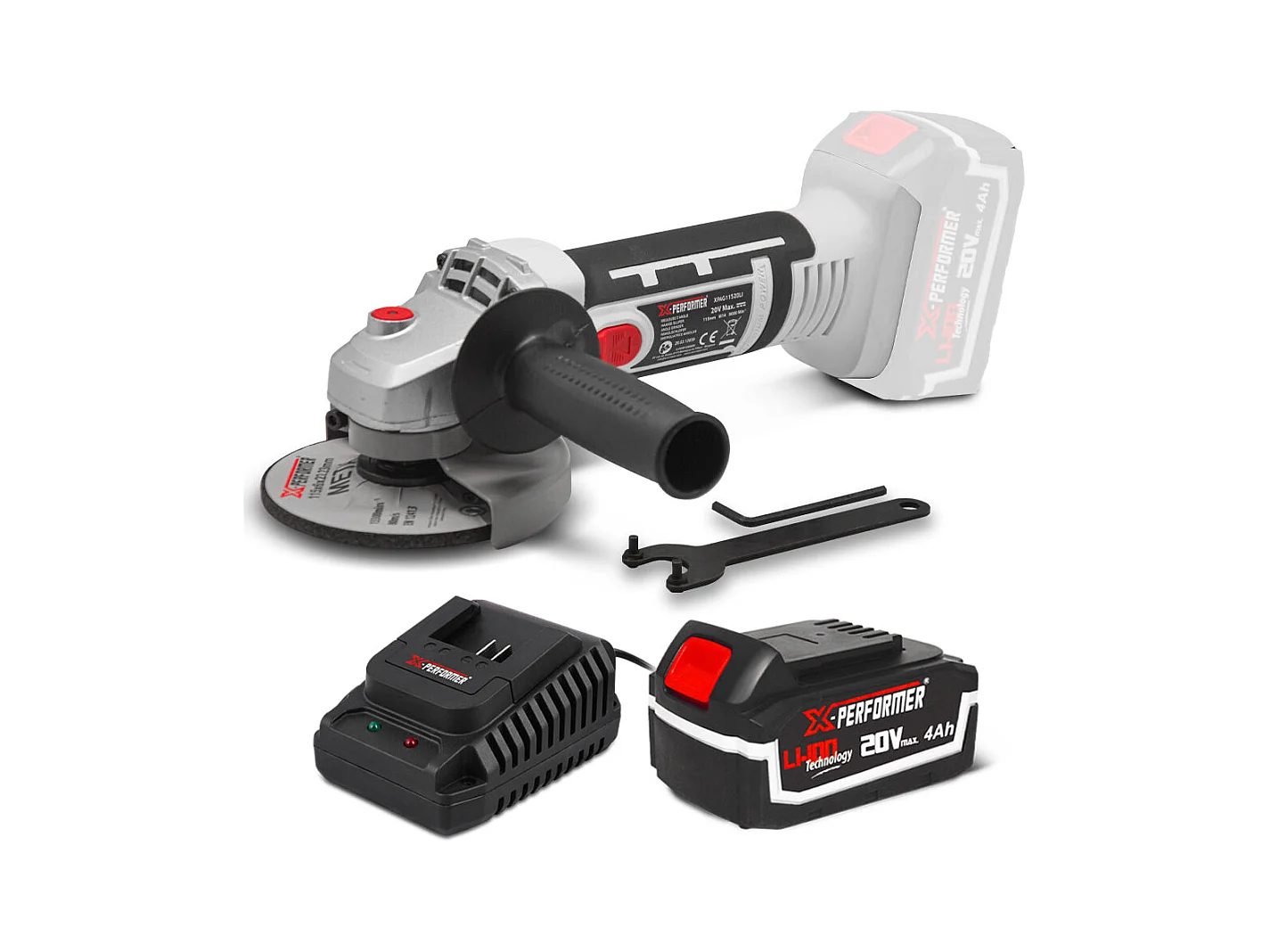 Meuleuse d’angle sans fil 20V – 115 mm avec batterie 4Ah et chargeur rapide 2H – X-Performer