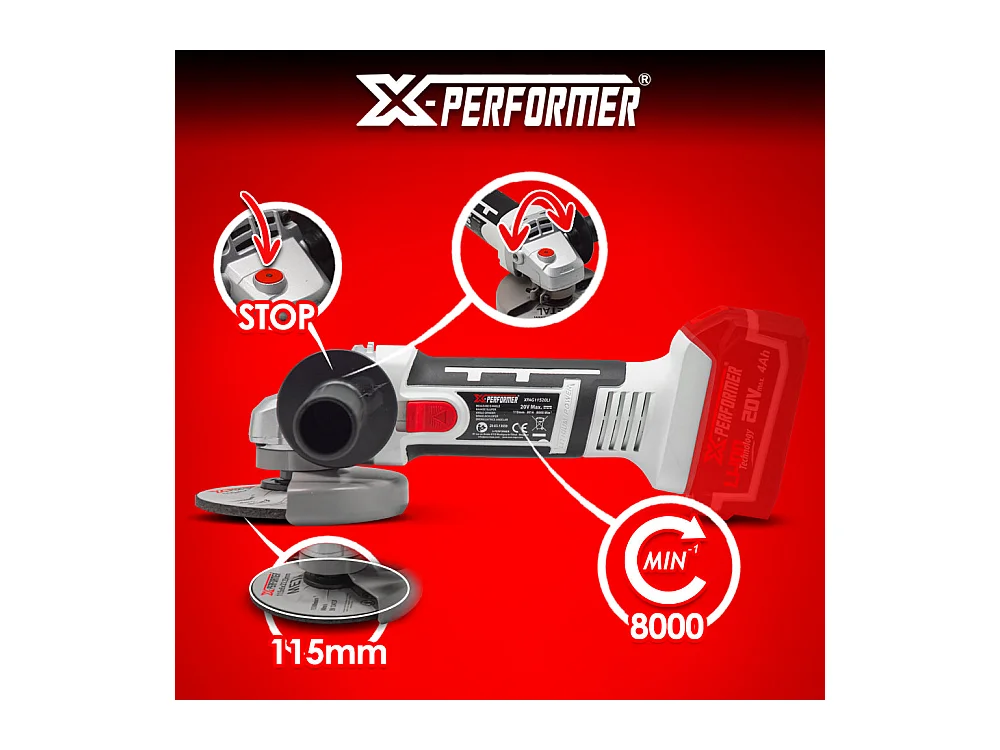 Meuleuse d’angle sans fil 20V – 115 mm avec batterie 4Ah et chargeur rapide 2H – X-Performer