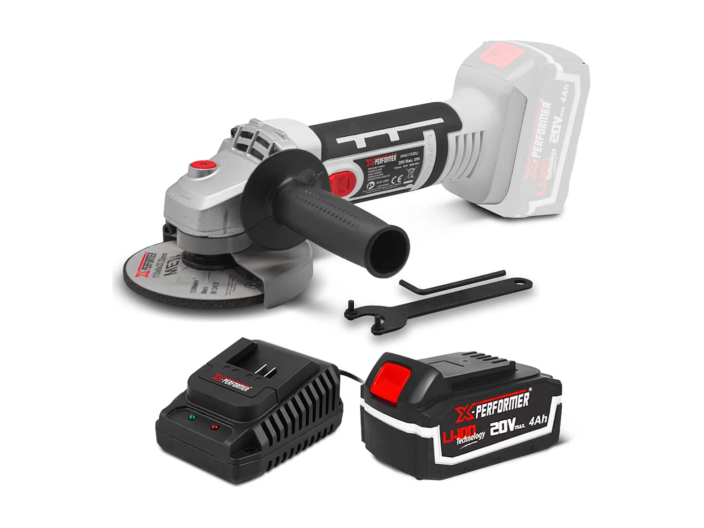 Draadloze haakse slijper 20V - 115 mm met 4Ah batterij en 2H snellader - X-Performer