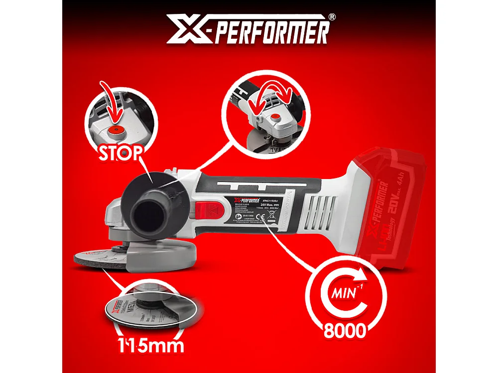 Draadloze haakse slijper 20V - 115 mm met 4Ah batterij en 2H snellader - X-Performer