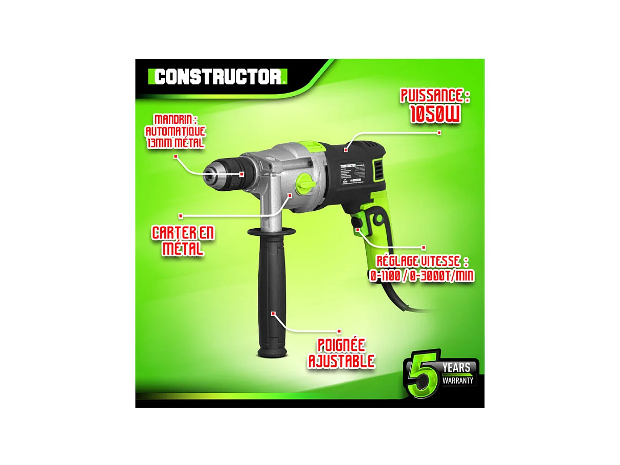 Perceuse à percussion Constructor 1050 W, mandrin auto 13 mm