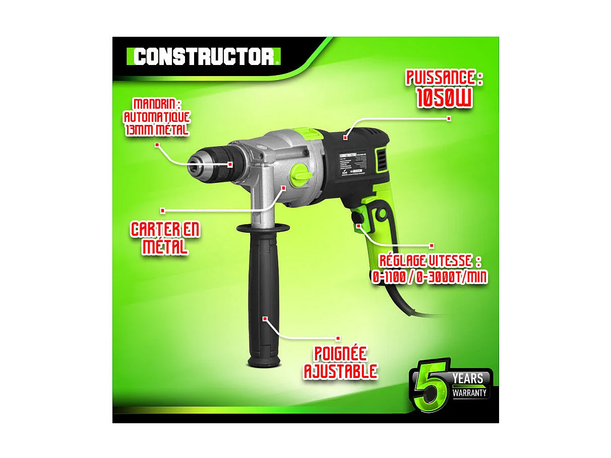 Perceuse à percussion Constructor 1050 W, mandrin auto 13 mm