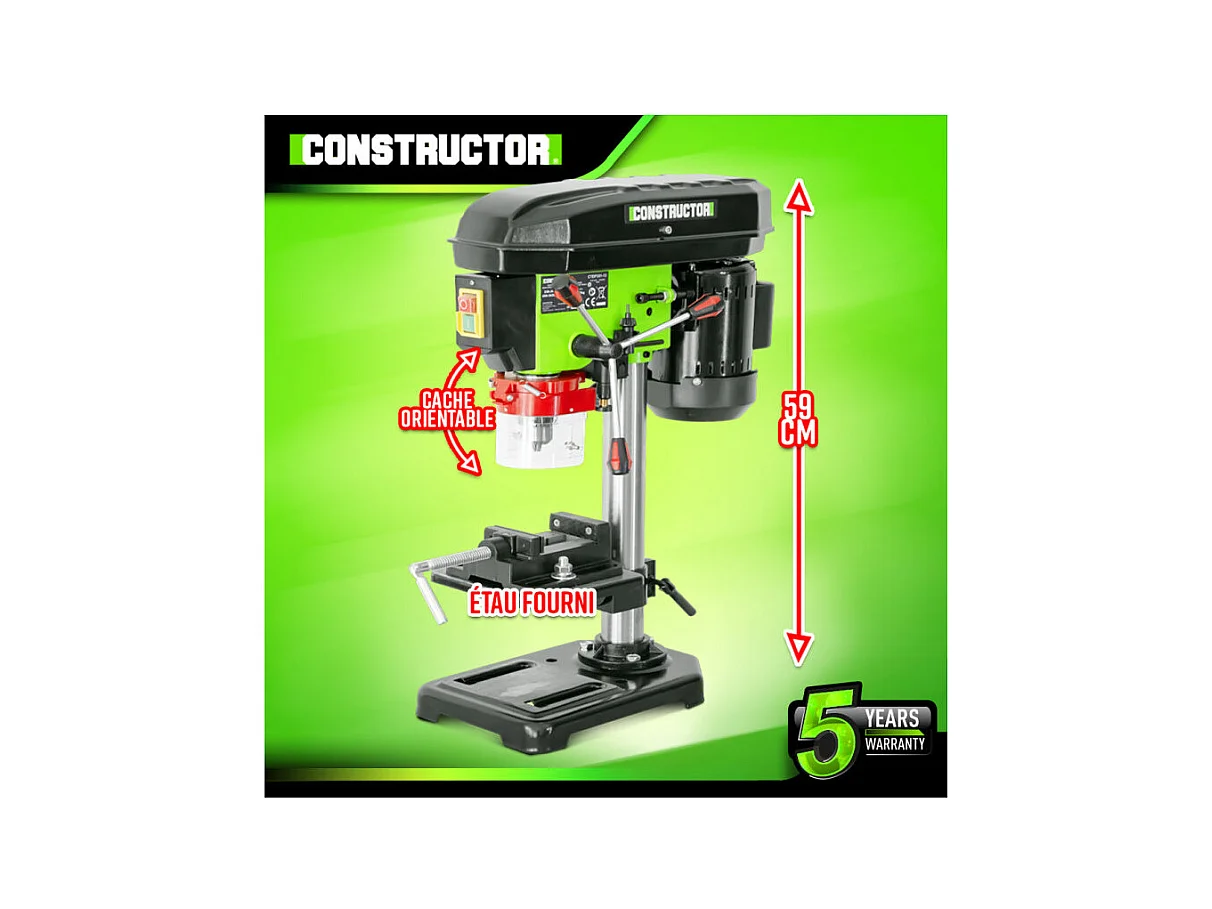 Perceuse à colonne Constructor 350 W avec étau et laser - 13 mm - 5 vitesses