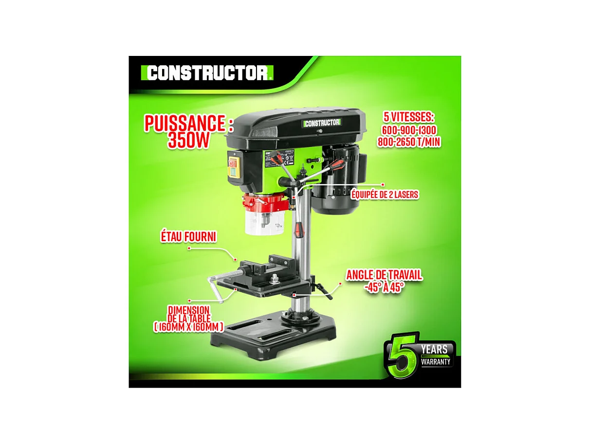 Perceuse à colonne Constructor 350 W avec étau et laser - 13 mm - 5 vitesses