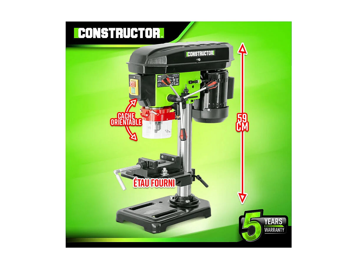 Perceuse à colonne Constructor 350 W avec étau et laser - 13 mm - 5 vitesses