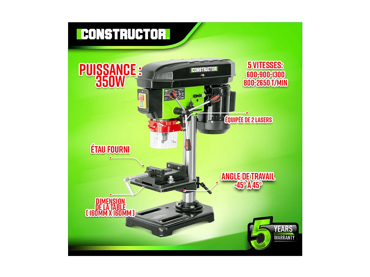 Perceuse à colonne Constructor 350 W avec étau et laser - 13 mm - 5 vitesses