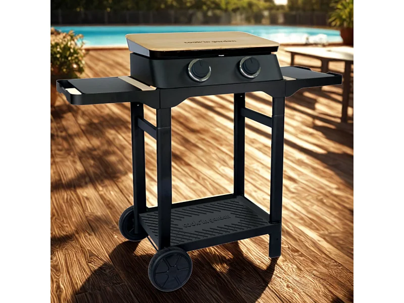 Plancha au gaz DUNE 60 SC sur chariot – Fonte émaillée et bambou – 2 brûleurs – 4 kW