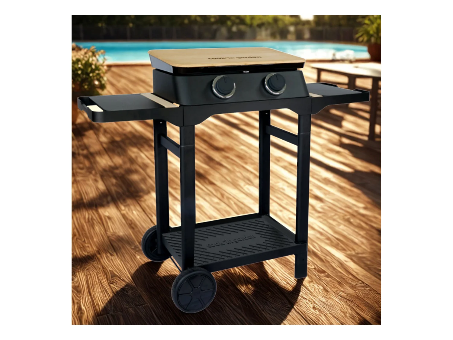 Plancha au gaz DUNE 60 SC sur chariot – Fonte émaillée et bambou – 2 brûleurs – 4 kW