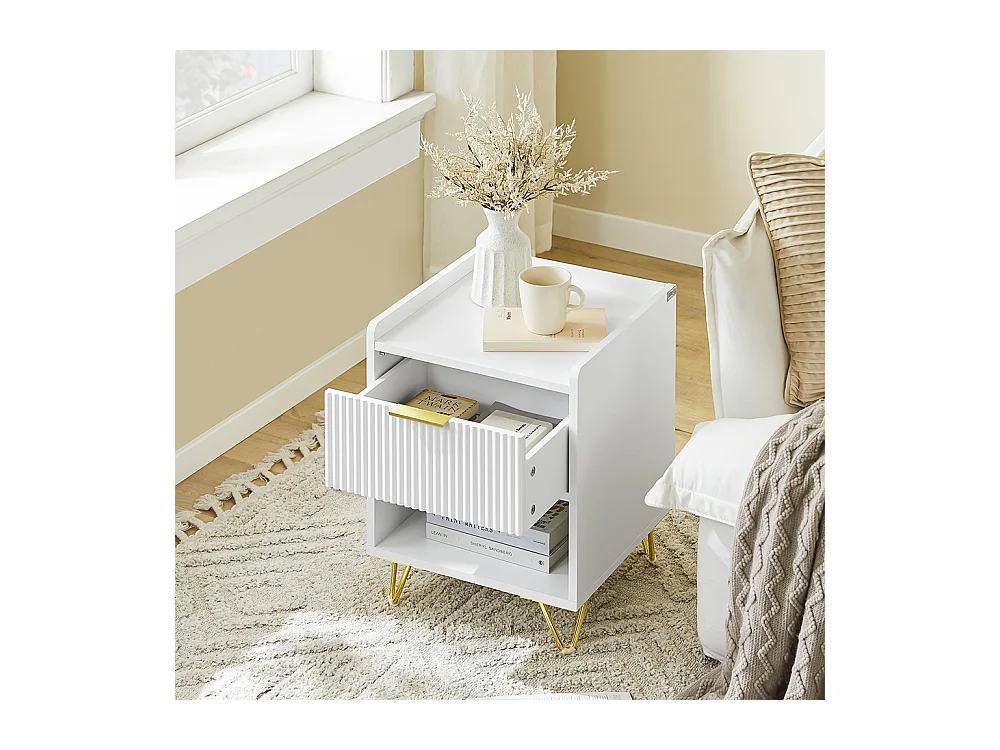 SoBuy Table de Chevet avec Tiroir et Étagère, Blanche