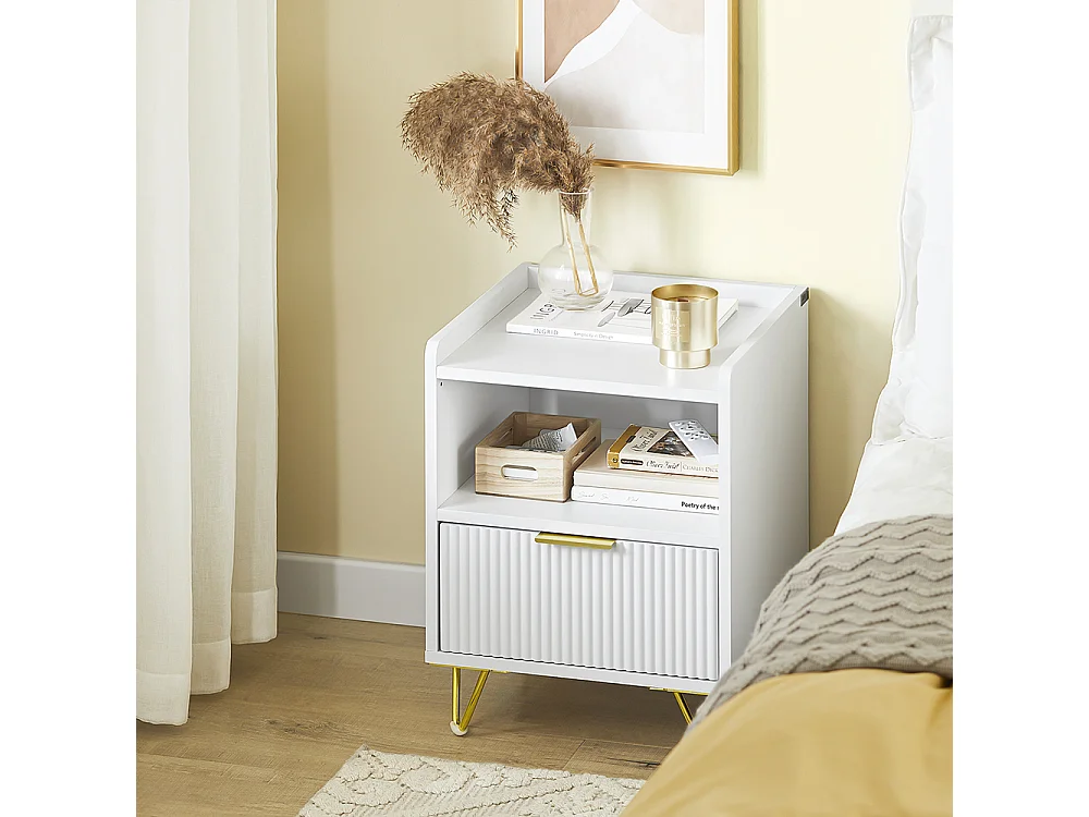SoBuy Table de Chevet avec Tiroir et Étagère, Blanche