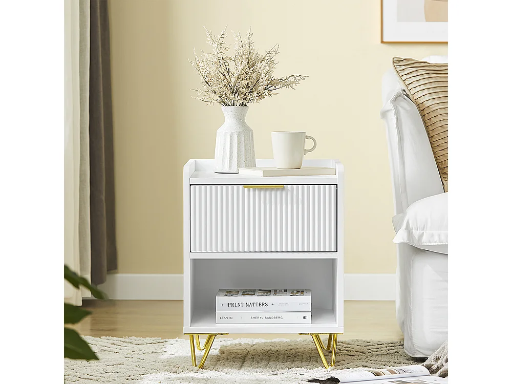 SoBuy Table de Chevet avec Tiroir et Étagère, Blanche