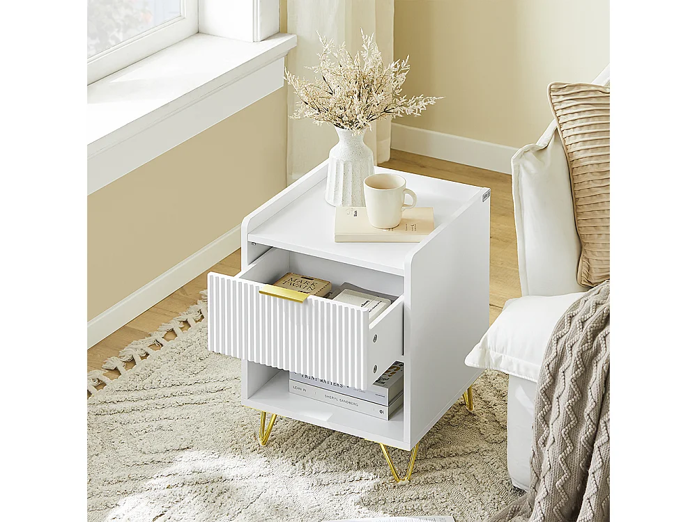 SoBuy Table de Chevet avec Tiroir et Étagère, Blanche