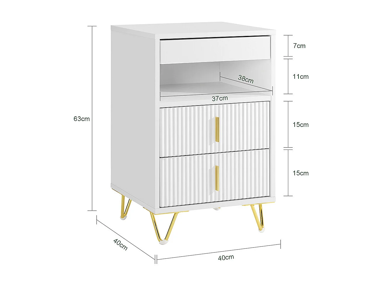 SoBuy Stolik nocny z 3 szufladami i półką, biały, 40x40x63 cm, FBT168-W