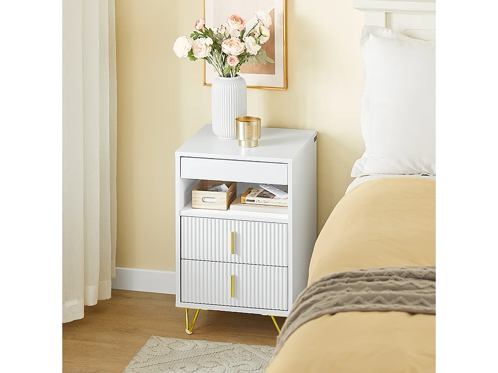 SoBuy Stolik nocny z 3 szufladami i półką, biały, 40x40x63 cm, FBT168-W