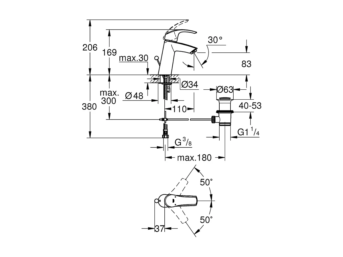 Vasque à poser GROHE Euro Ceramic 60cm  + Mitigeur lavabo M GROHE Eurosmart avec vidage Chromé