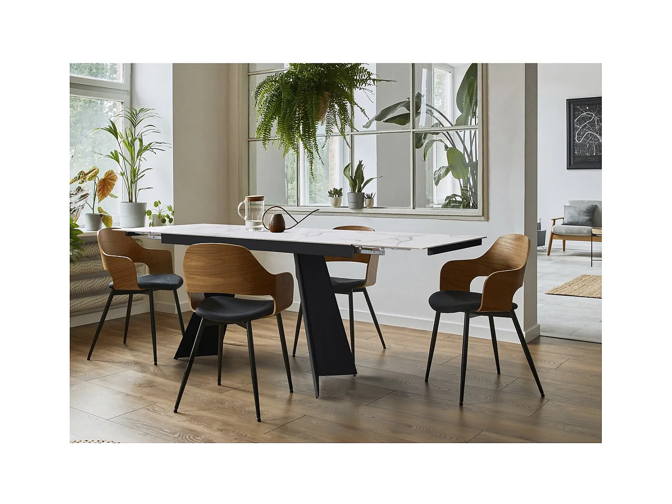 Table de repas extensible en céramique 6 à 10 personnes  "Equinoxe" - Blanc marbré gris