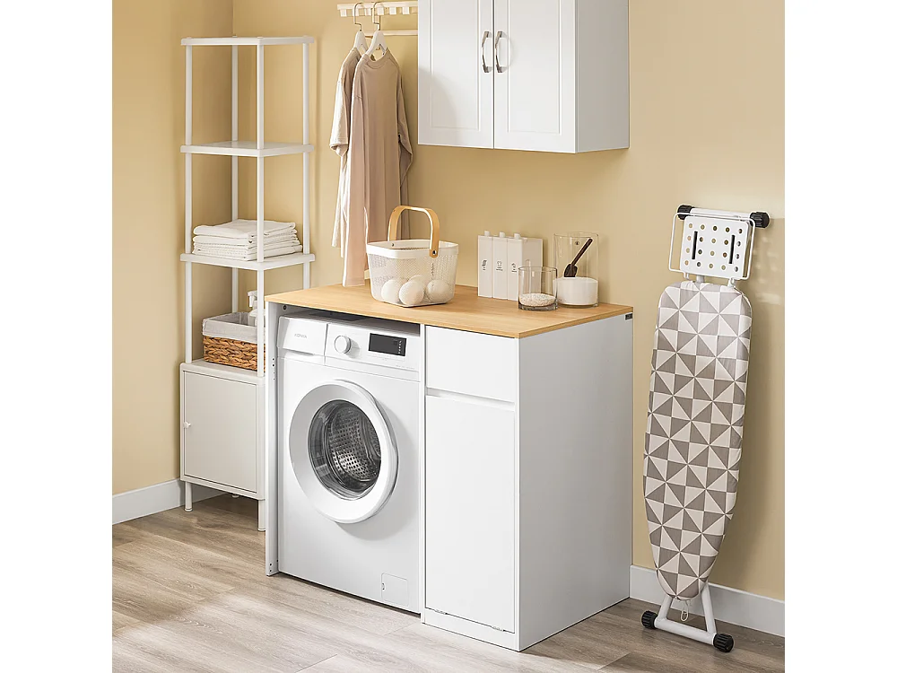 SoBuy Meuble pour Machine à Laver avec Panier et Tiroir, Blanc