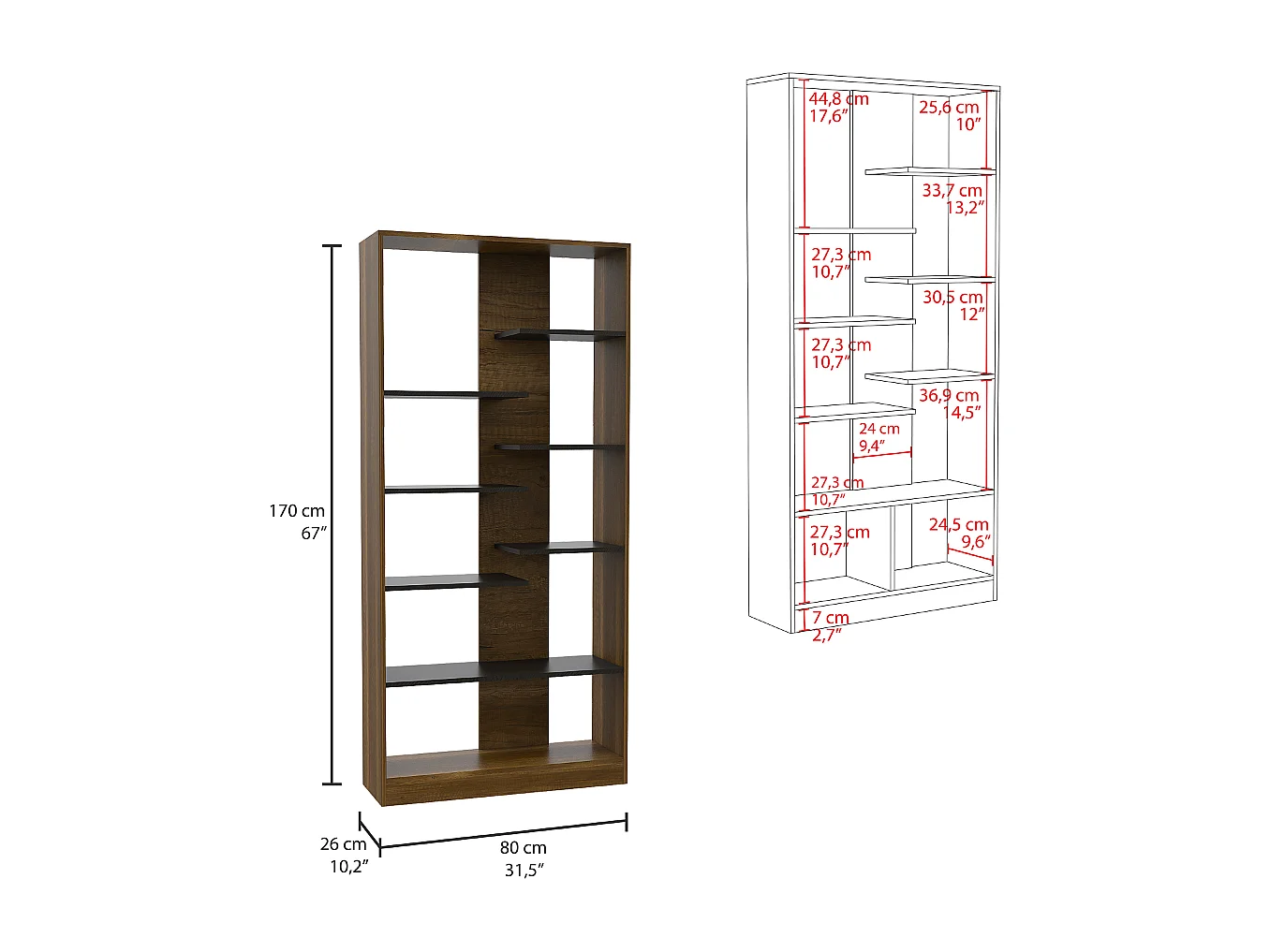 Estante Estante de nogueira com várias prateleiras , 170 cm X 80 cm X 26 cm , Castanho