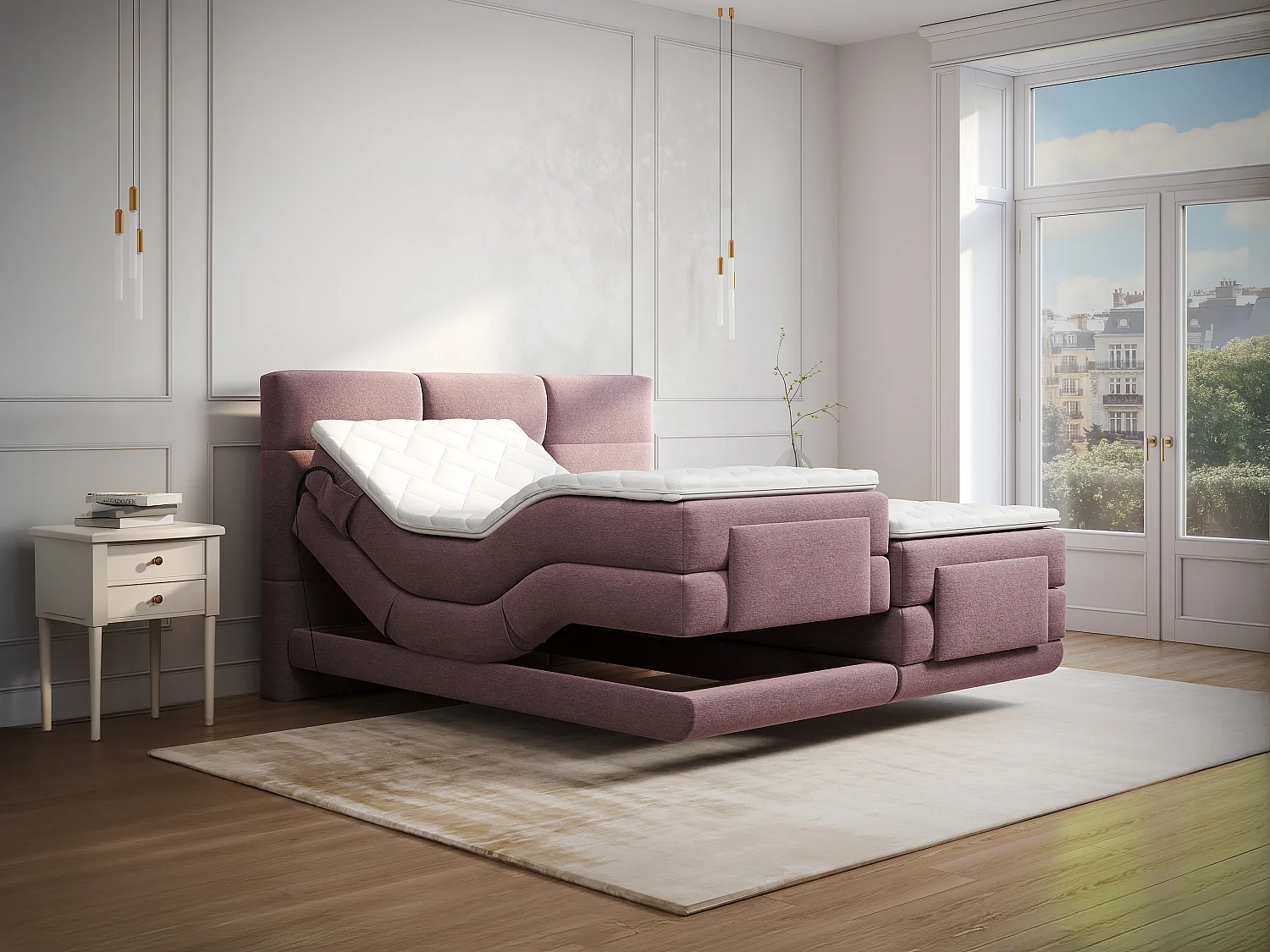 Ensemble complet boxspring tête de lit capitonnée + sommiers relaxation électrique + matelas + surmatelas - 2 x 90 x 200 cm - Tissu - Bordeaux - LODI de PALACIO