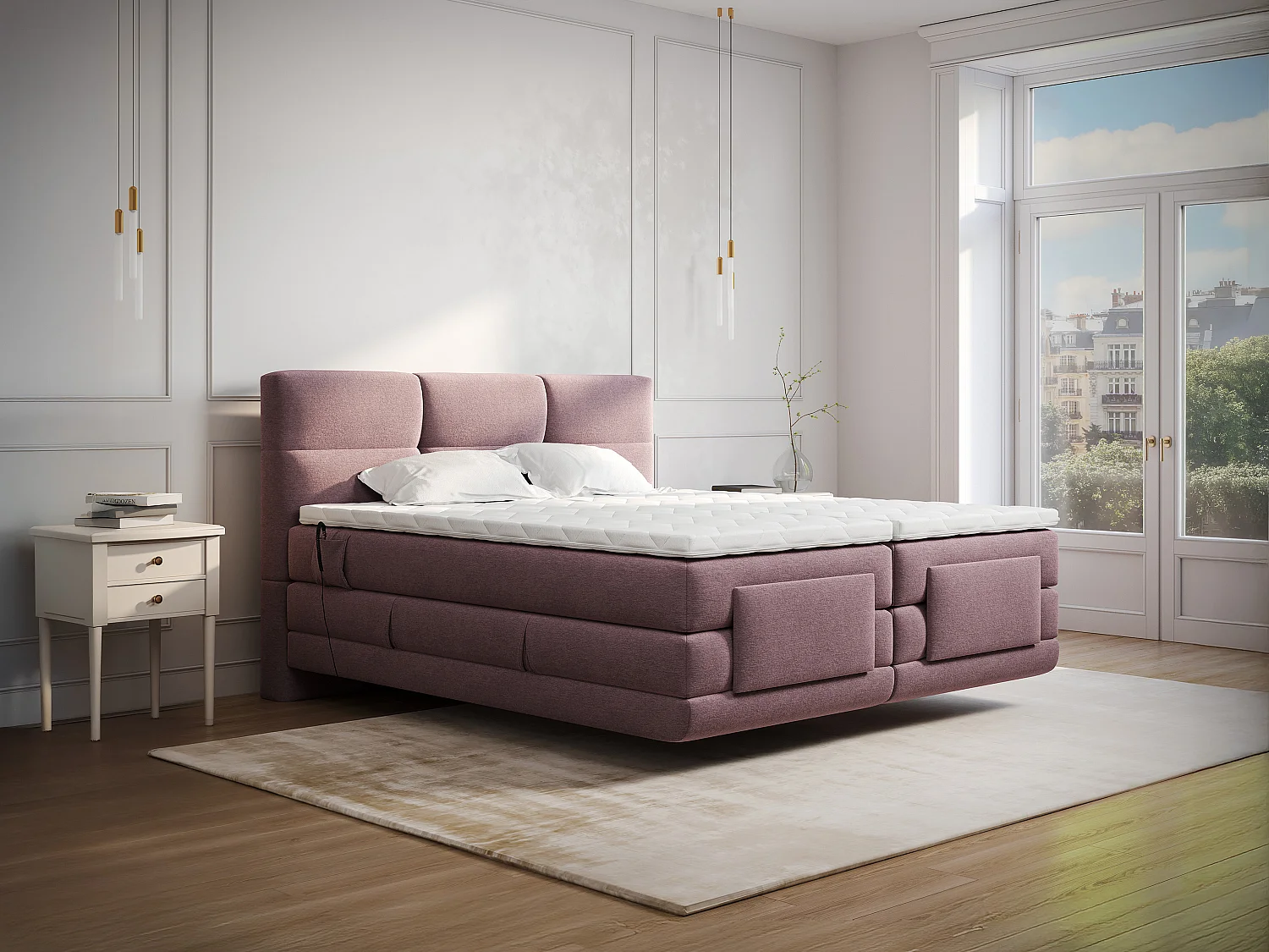 Ensemble complet boxspring tête de lit capitonnée + sommiers relaxation électrique + matelas + surmatelas - 2 x 90 x 200 cm - Tissu - Bordeaux - LODI de PALACIO