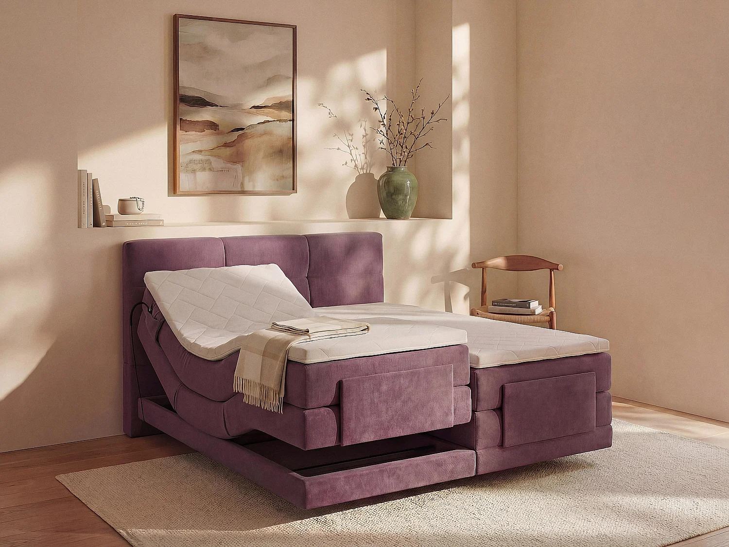 Kompletny zestaw boxspring z pikowanym zagłówkiem + stelaże z elektryczną regulacją + materac + materac nawierzchniowy - 2 x 90 x 200 cm - Tkanina - Bordowy - LODI de PALACIO