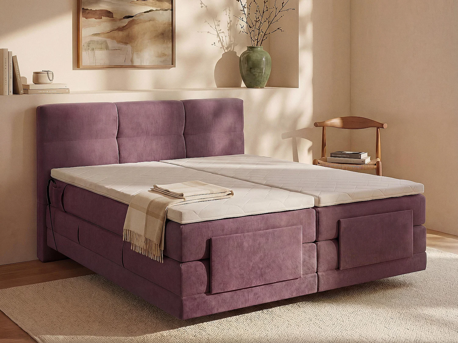 Kompletny zestaw boxspring z pikowanym zagłówkiem + stelaże z elektryczną regulacją + materac + materac nawierzchniowy - 2 x 90 x 200 cm - Tkanina - Bordowy - LODI de PALACIO