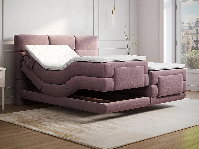 Ensemble complet boxspring tête de lit capitonnée + sommiers relaxation électrique + matelas + surmatelas - 2 x 90 x 200 cm - Tissu - Bordeaux - LODI de PALACIO