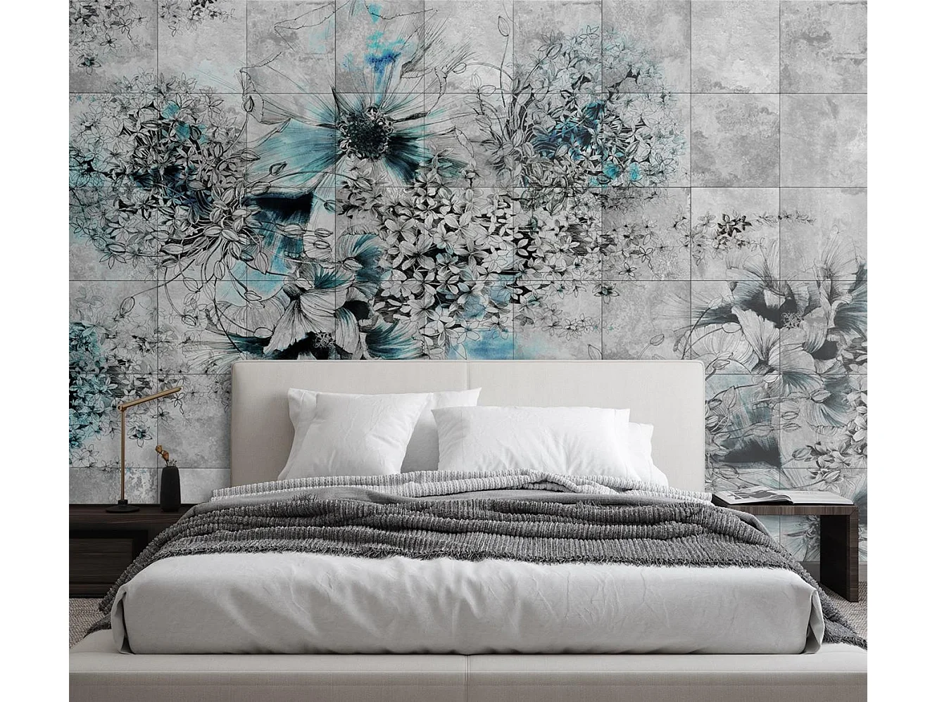 Carta Da Parati, Fiori acquerello su sfondo grigio - 300x210