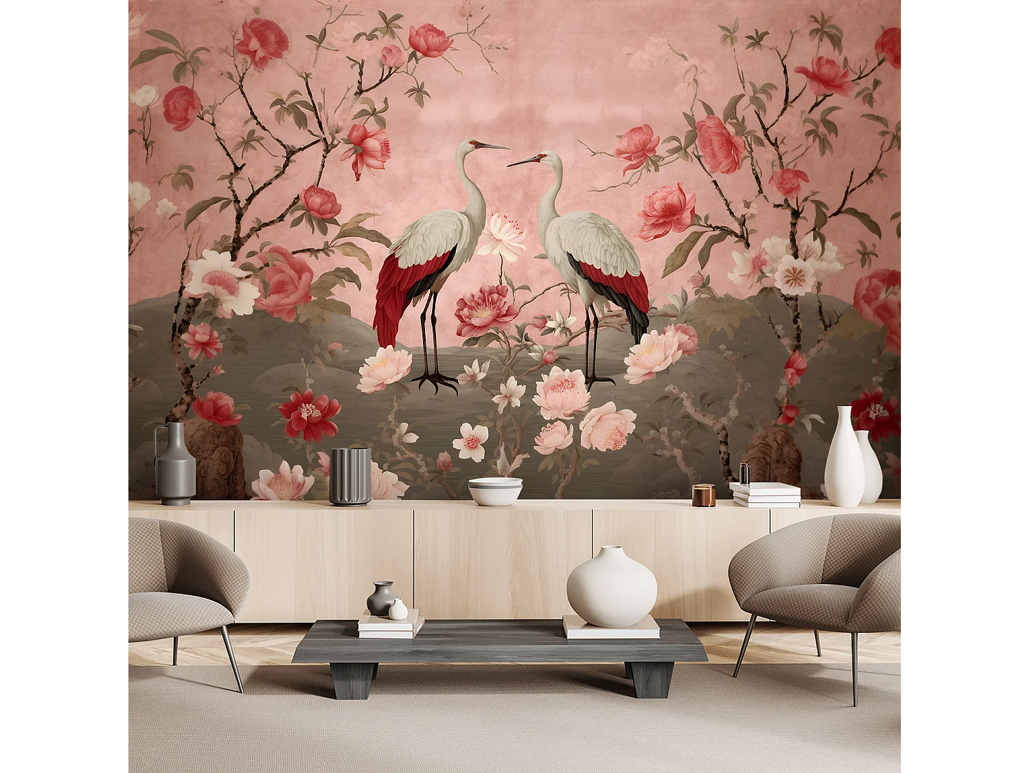 Wallpaper, Chinoiserie Flowers and Birds - 250x175