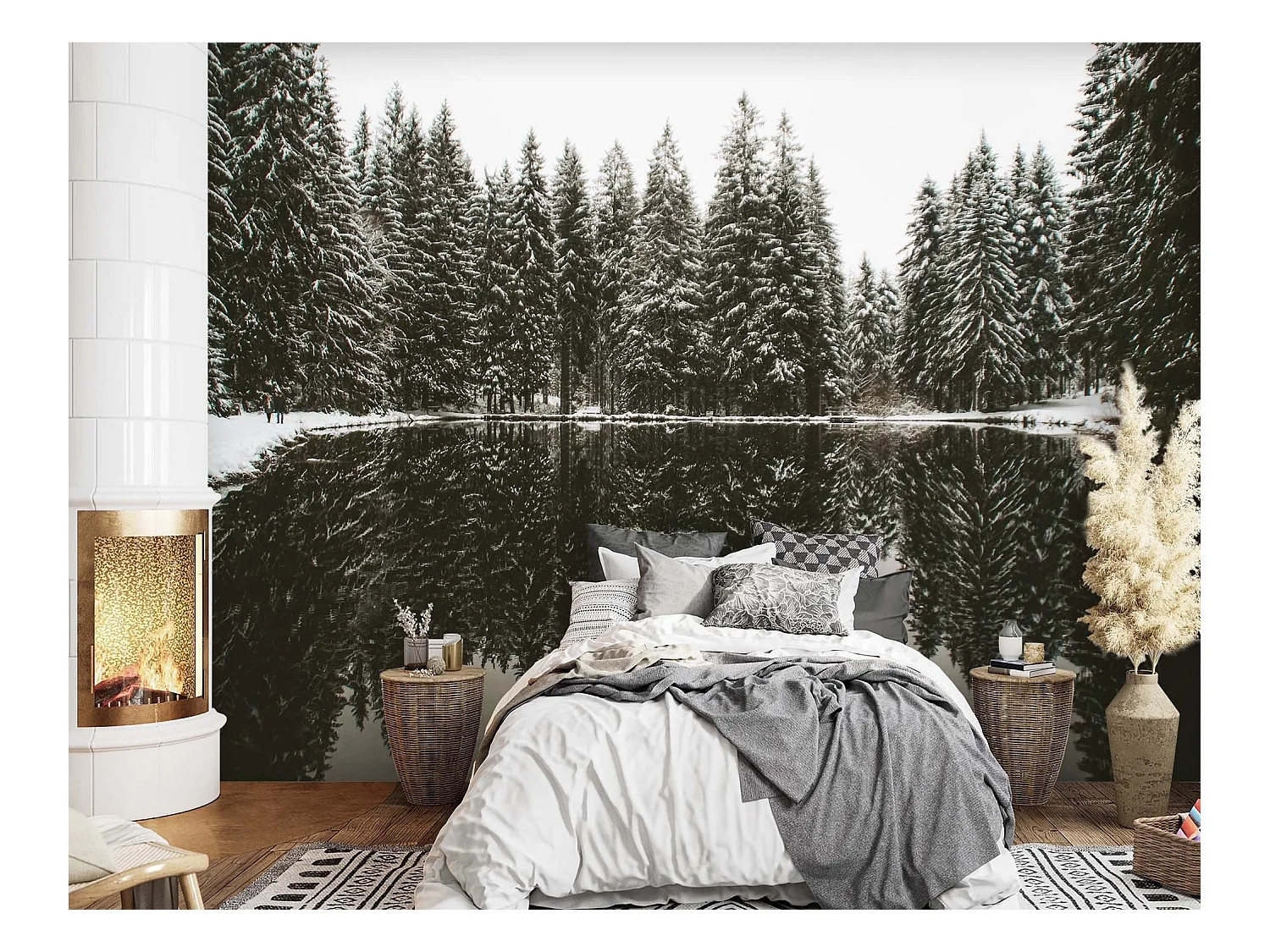 Carta Da Parati, Lago nella foresta in inverno - 350x245