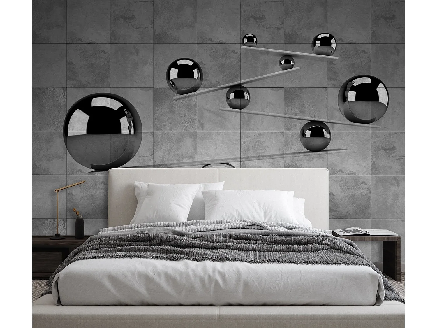 Carta Da Parati, Sfere di cemento Argento Ottico Effetto 3D - 150x105