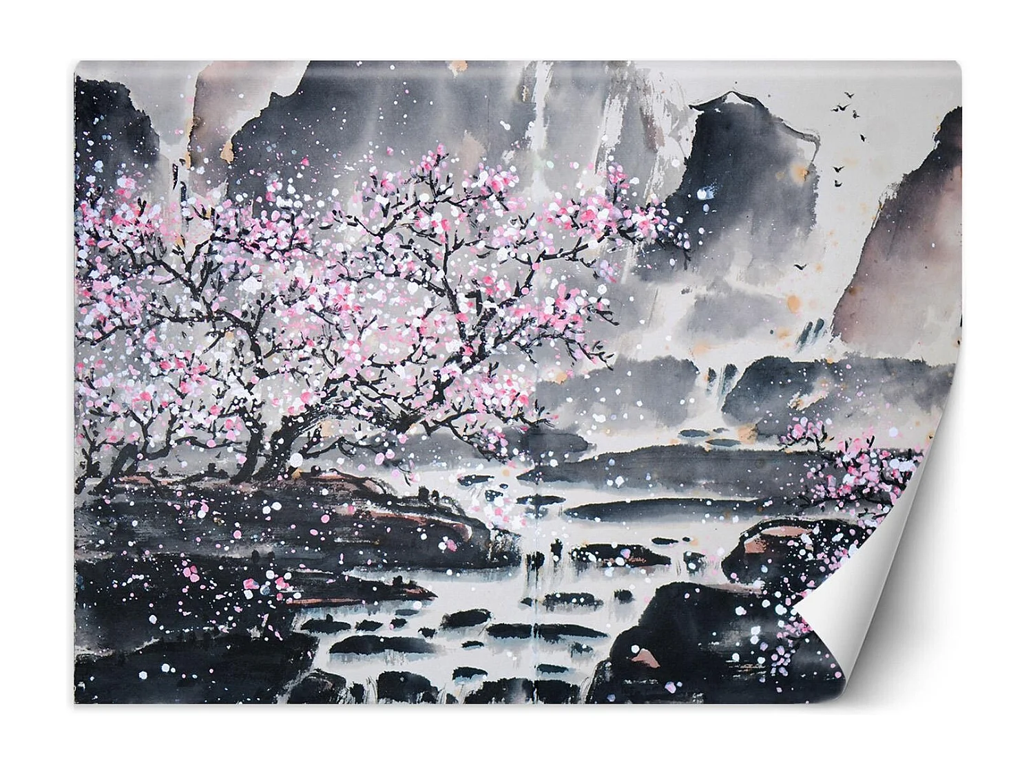 Carta Da Parati, Fiori di ciliegio su sfondo montano - 350x245