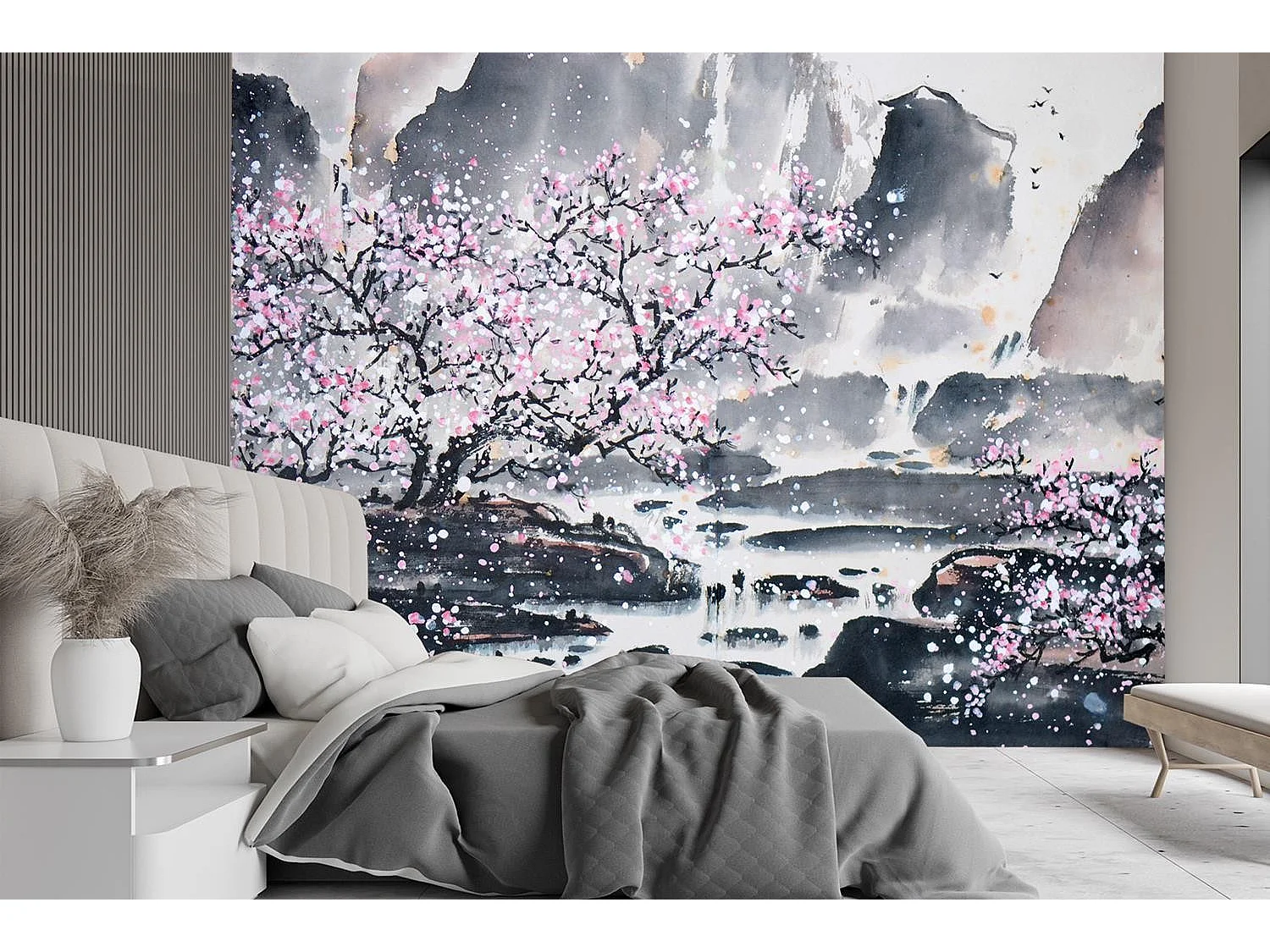 Carta Da Parati, Fiori di ciliegio su sfondo montano - 350x245