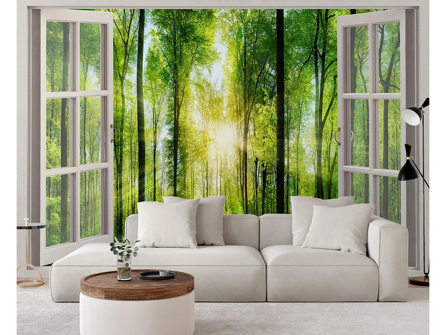 Carta Da Parati, Vista finestra raggi di sole nella foresta - 140x100