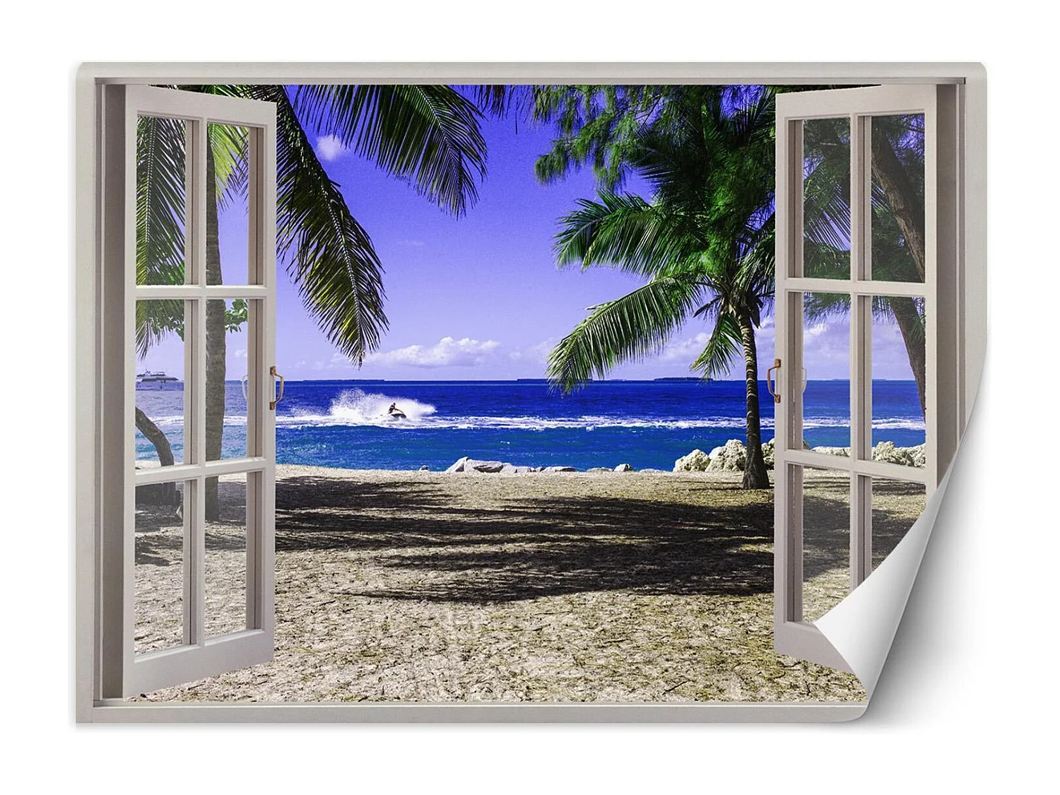 Carta Da Parati, Finestra con vista su una spiaggia tropicale - 210x150